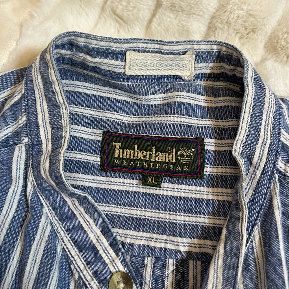 Vintage Timberland Men XL Stripe Denim Distressed ButtonDown Casual Spring Shirt